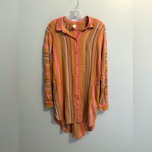 prAna Scheena Shirt Dress EUC Pink/Orange/Brown Cacti Soleil Stripe, Size Large